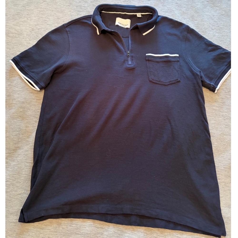 Paperdenim&cloth Mens Large Navy Blue Quarter Zip Cotton Pique Polo Shirt